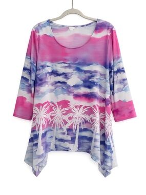 Women’s Pink & Blue Palm-Print Tunic Top, 
Size M 🩷🌴💜